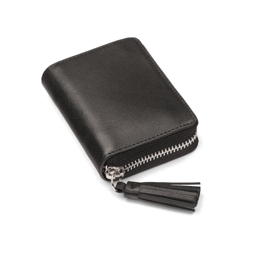 Small leather zip around coin purse, black saffiano, front