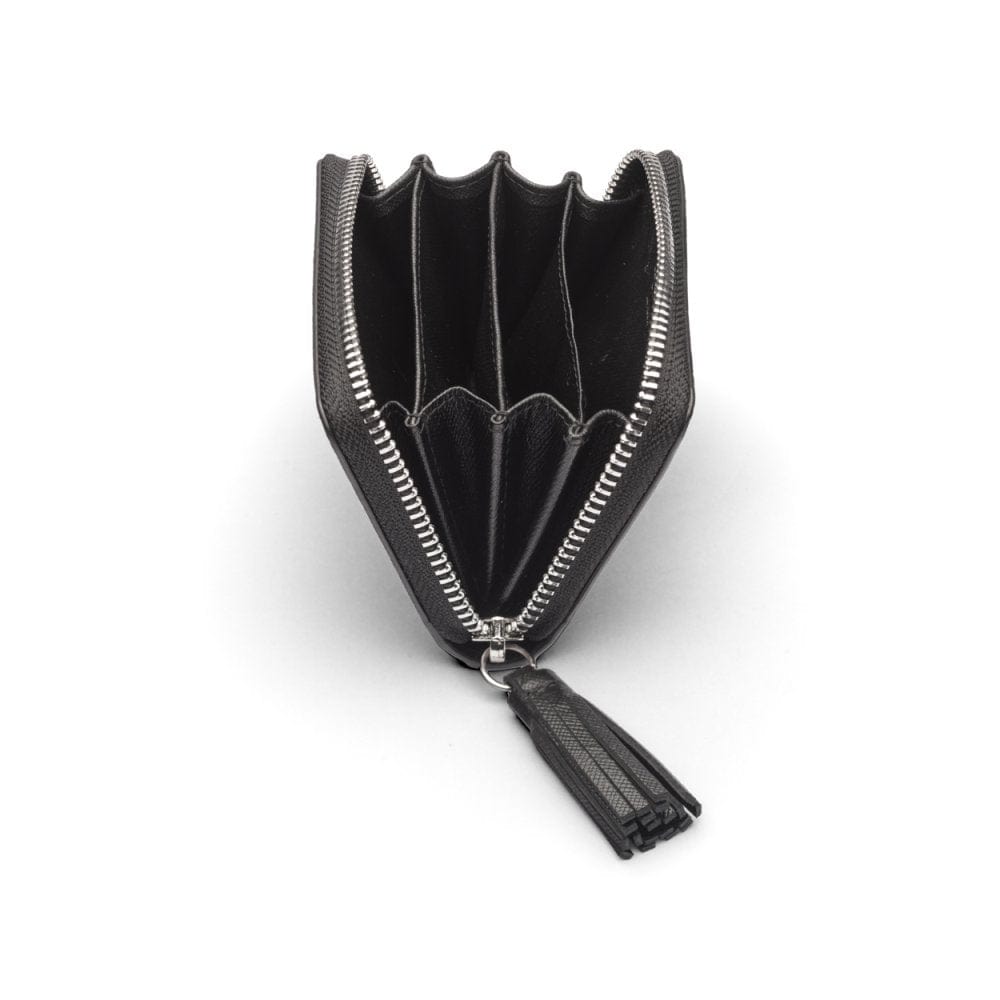 Small leather zip around coin purse, black saffiano, open