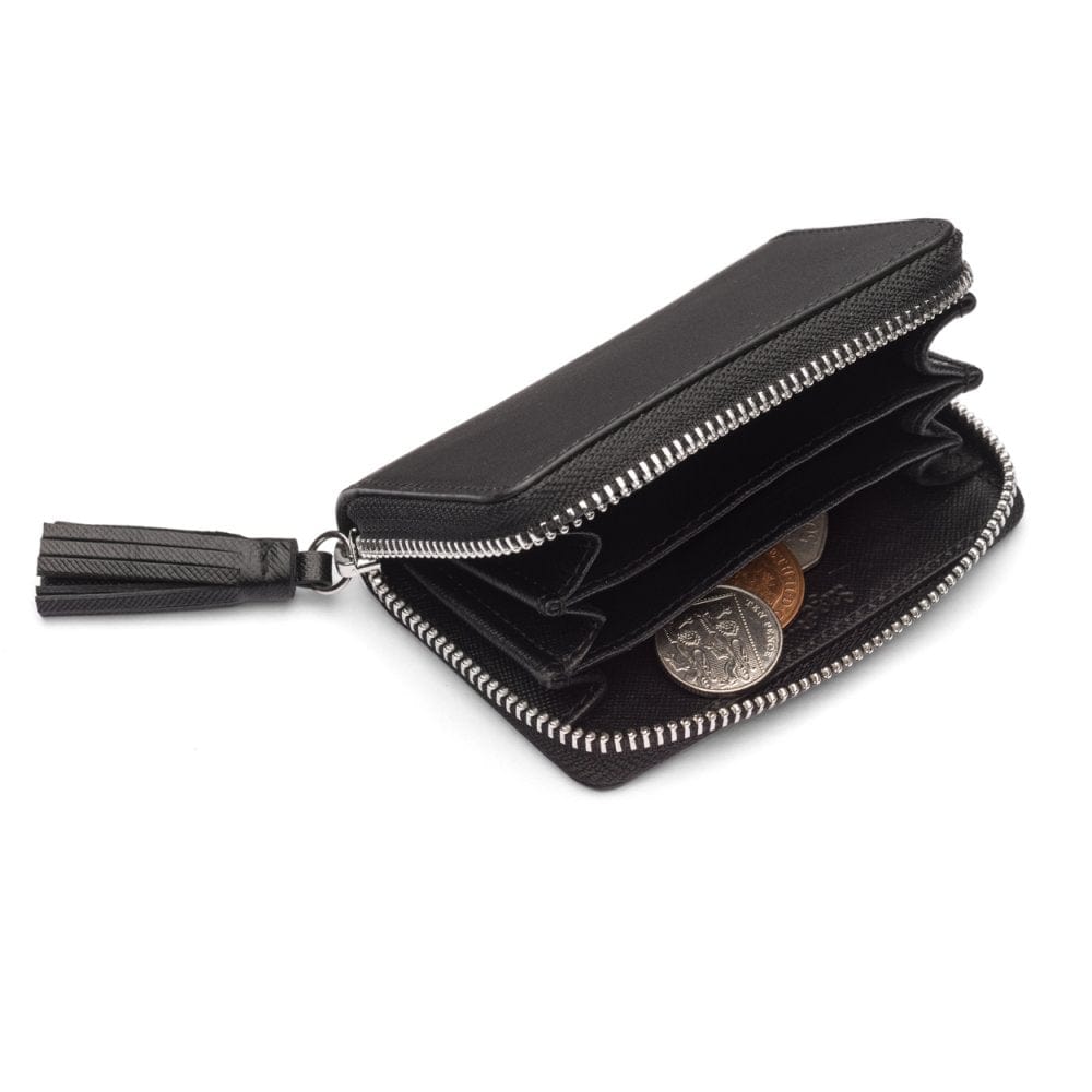 Small leather zip around coin purse, black saffiano, inside