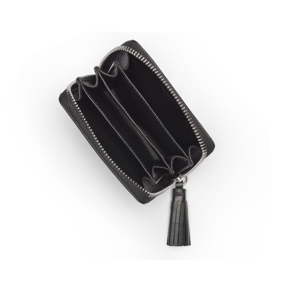 Small leather zip around coin purse, black saffiano, interior