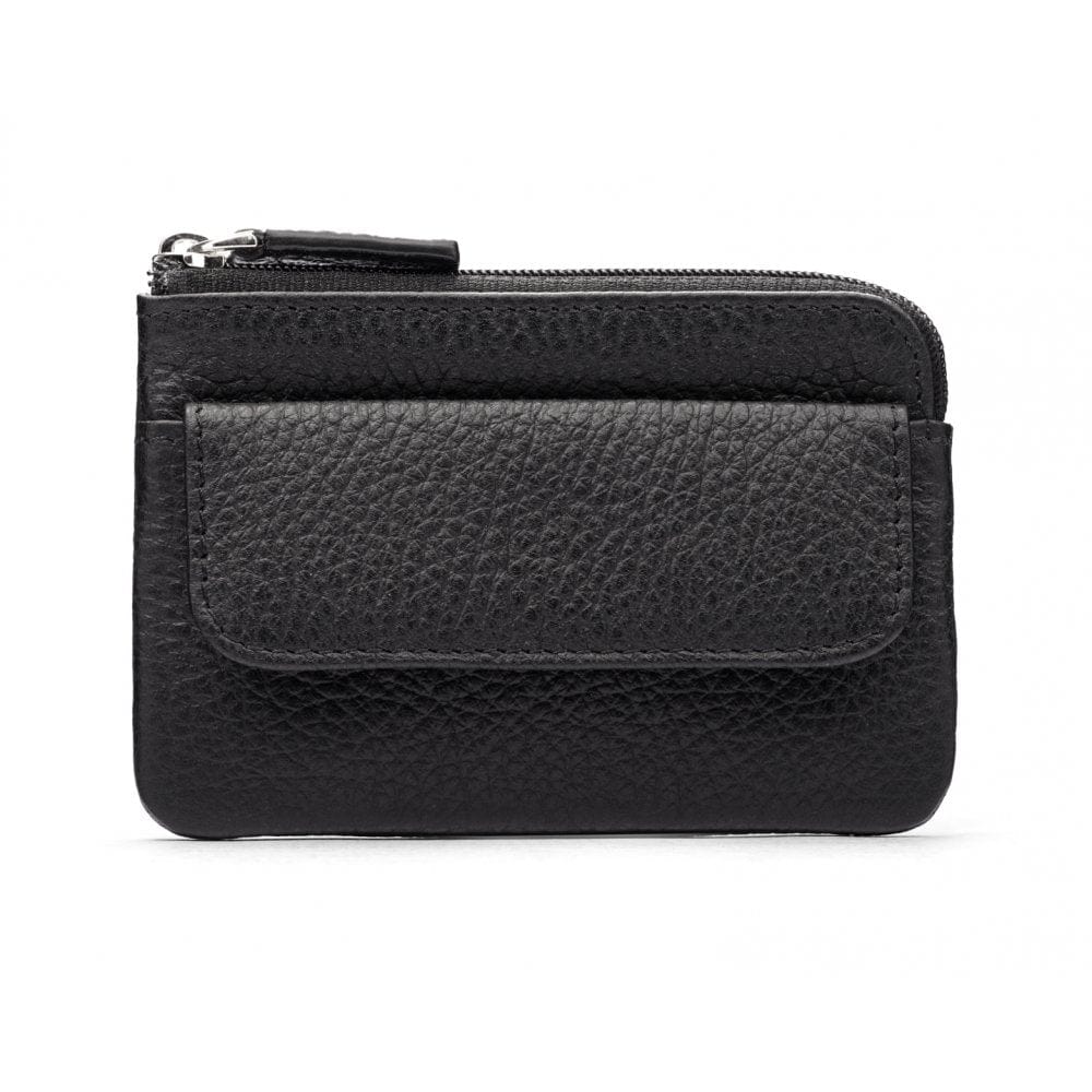 Small leather zip coin purse, black, front