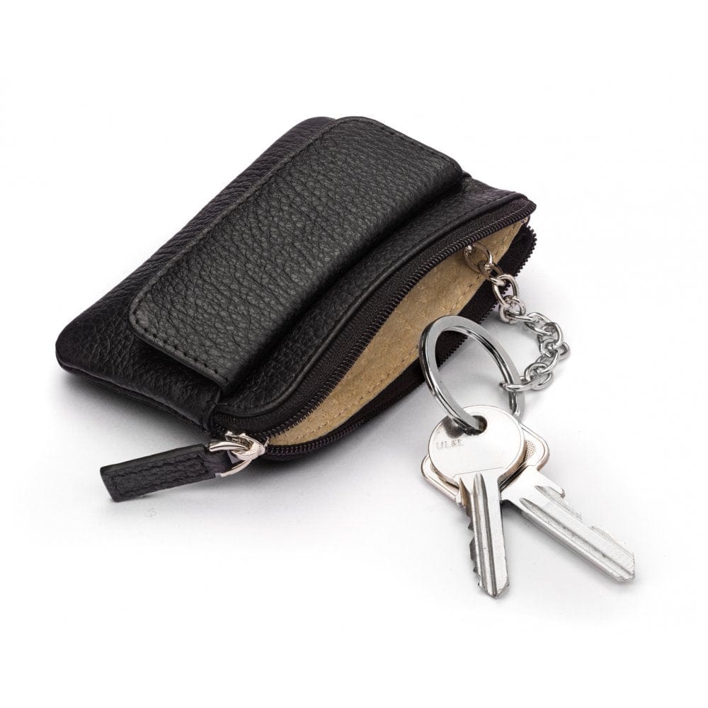 Small leather zip coin purse, black, with key chain