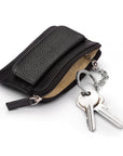 Small leather zip coin purse, black, with key chain