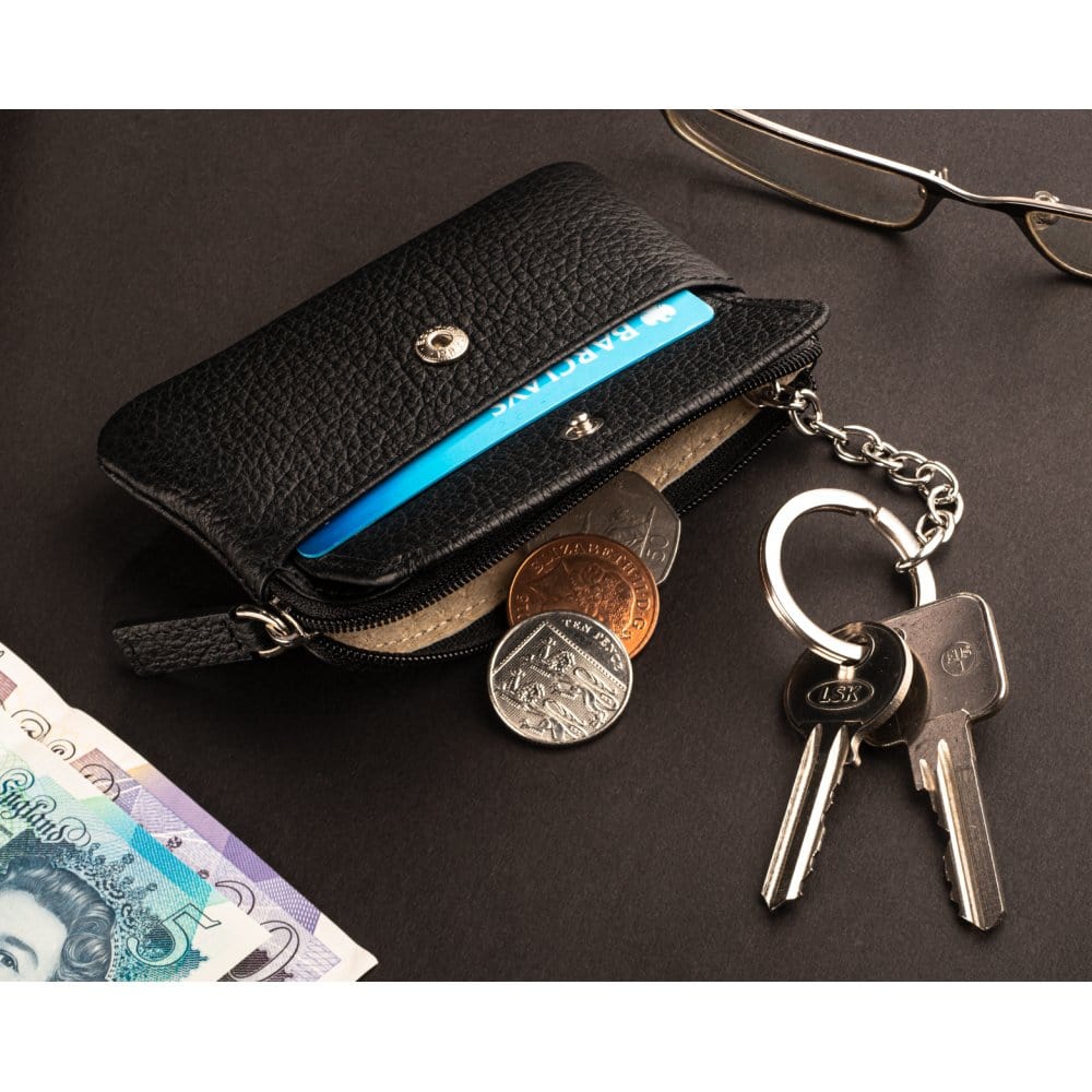 Small leather zip coin purse, black, lifestyle