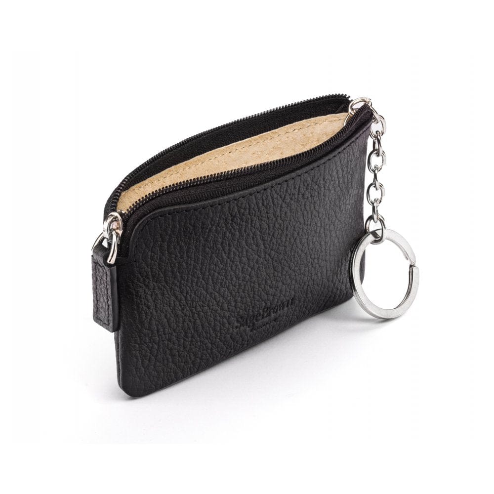 Small leather zip coin purse, black, back