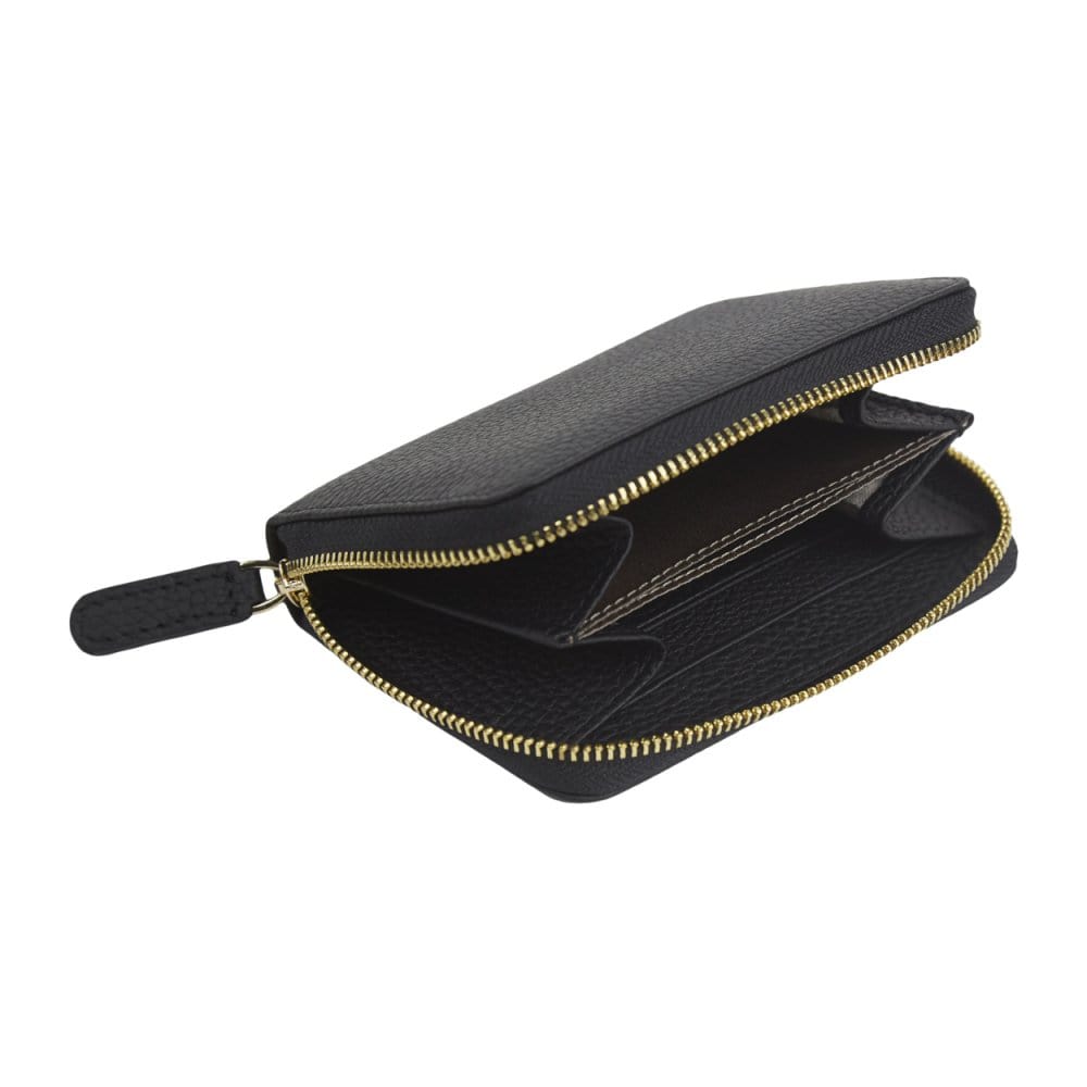 Small leather zip around coin purse, black, interior