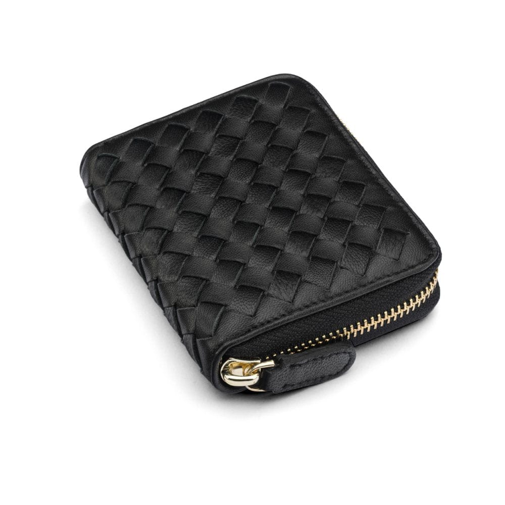 Small zip around woven leather accordion purse, black, front