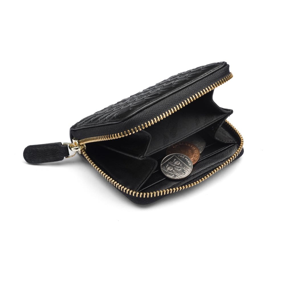Small zip around woven leather accordion purse, black, inside