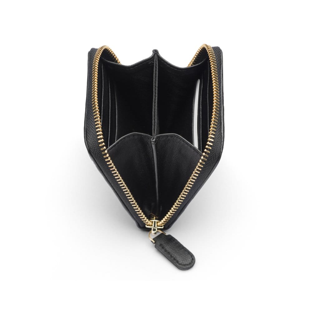 Small zip around woven leather accordion purse, black, open