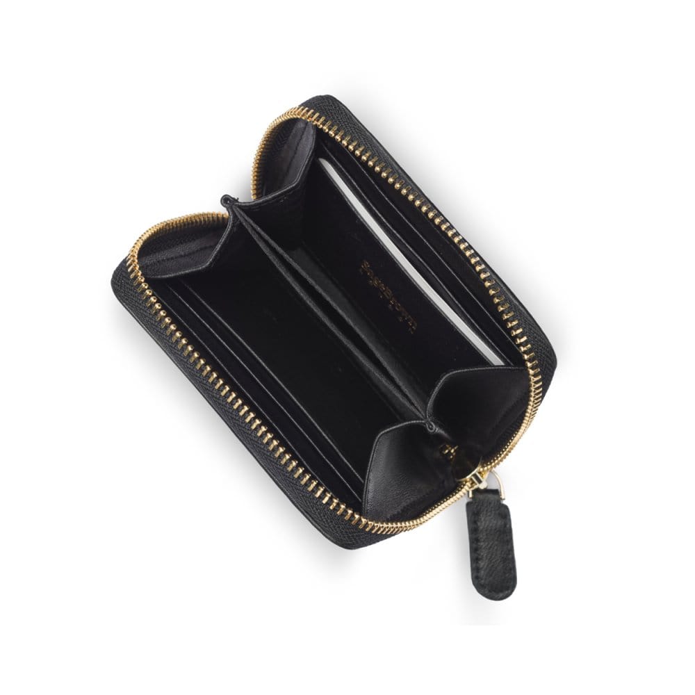Small zip around woven leather accordion purse, black, interior