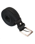 Leather belt with silver buckle, black suede