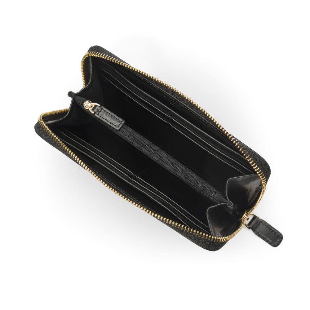 Tall leather zip around accordion purse, black,  interior