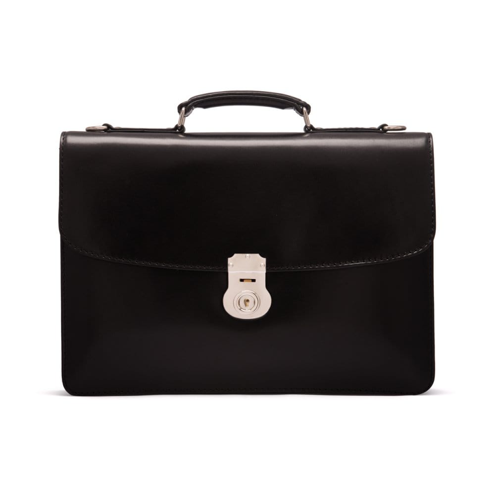 Leather briefcase with silver brass lock, Harvard vintage look, black, front
