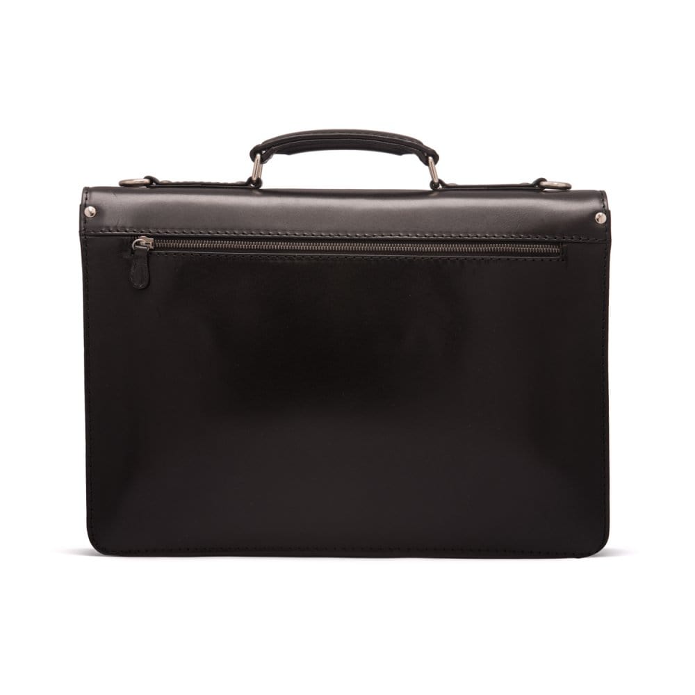 Leather briefcase with silver brass lock, Harvard vintage look, black, back
