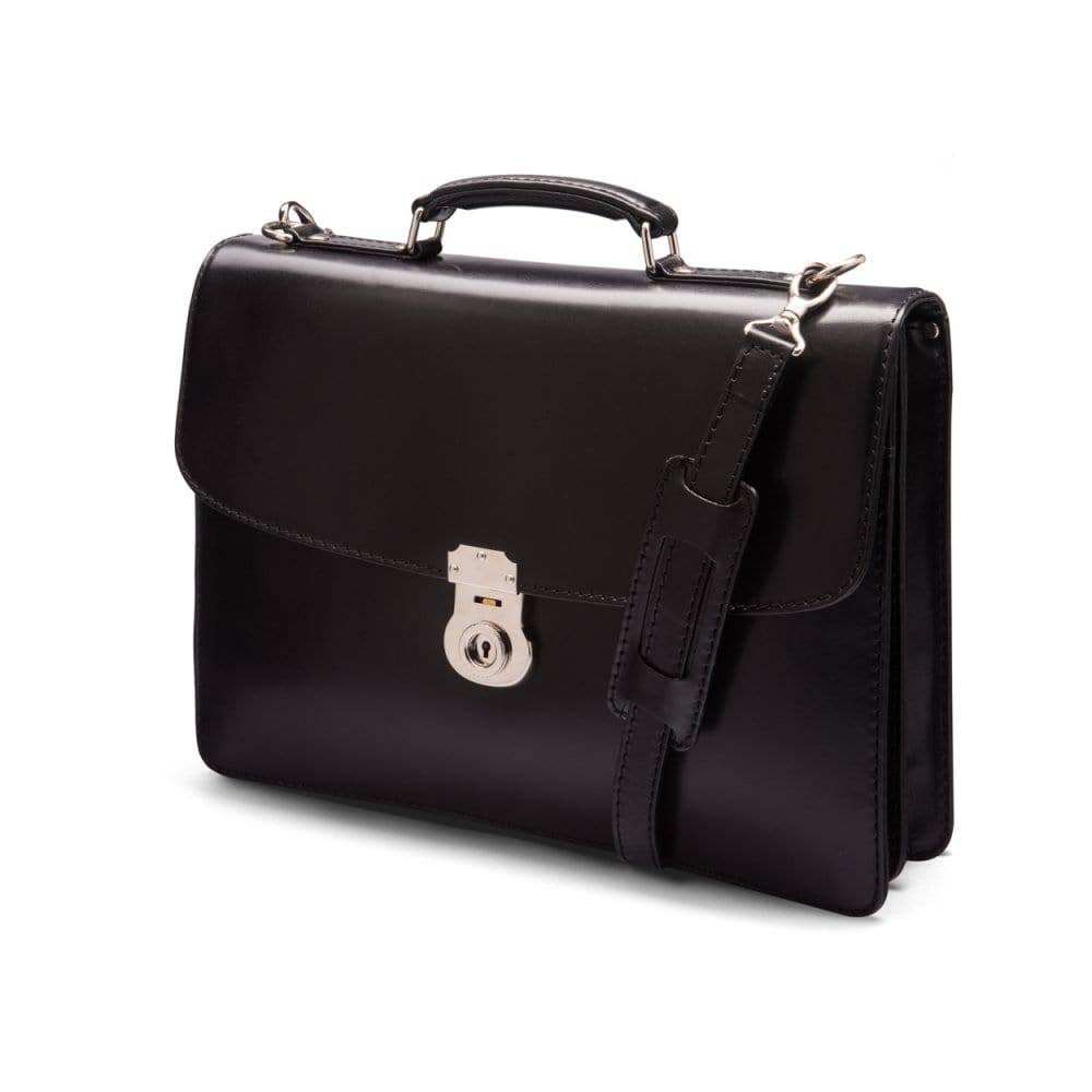 Leather briefcase with silver brass lock, Harvard vintage look, black, side