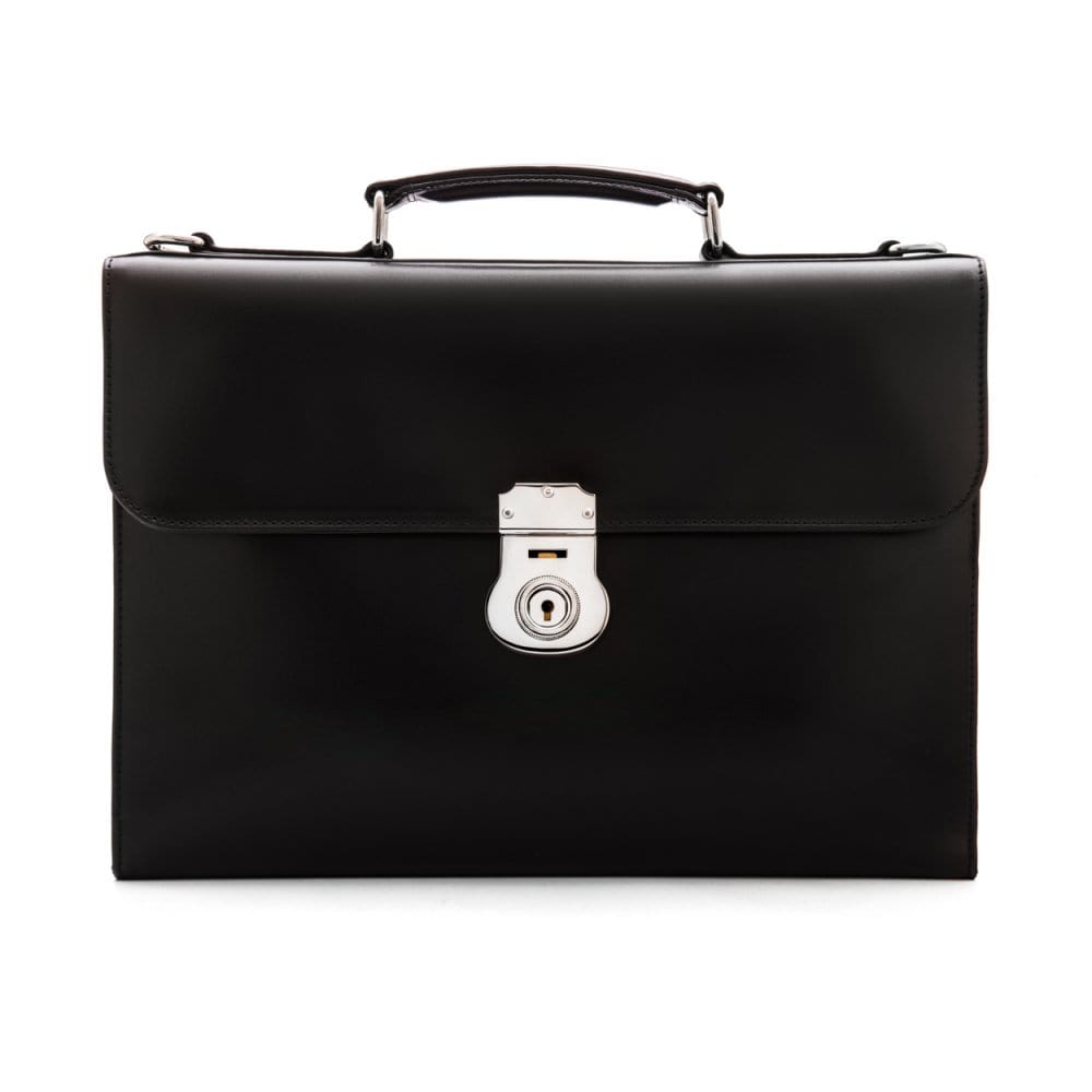 Black Vintage Leather Wall Street Briefcase With Silver Brass Lock