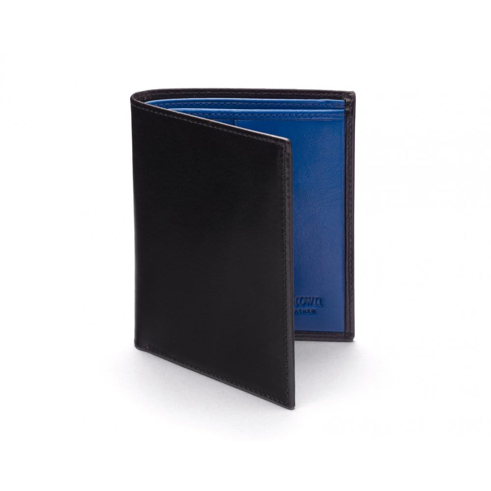 Bifold leather wallet with 6 credit cards, black with cobalt, front