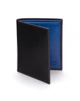 Bifold leather wallet with 6 credit cards, black with cobalt, front