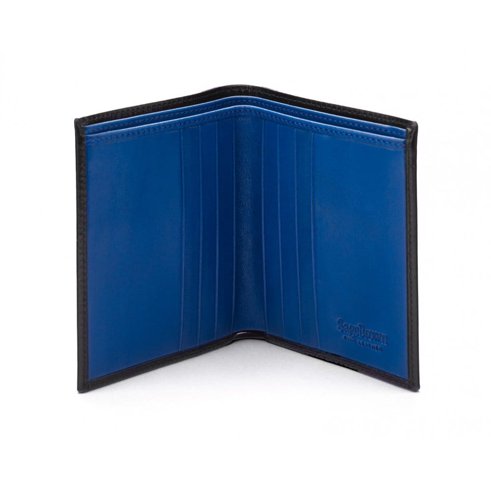 Bifold leather wallet with 6 credit cards, black with cobalt, open