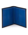Bifold leather wallet with 6 credit cards, black with cobalt, open