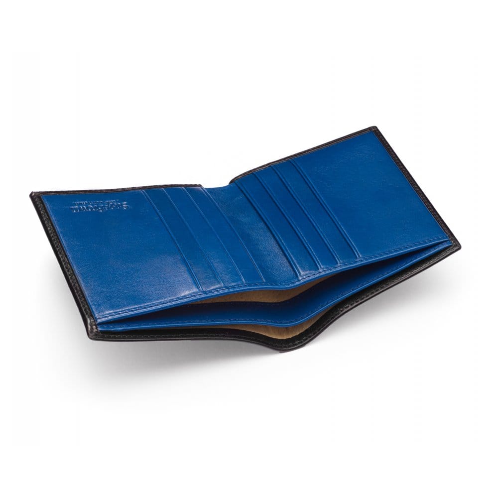 Bifold leather wallet with 6 credit cards, black with cobalt, inside