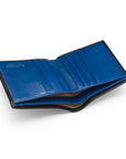 Bifold leather wallet with 6 credit cards, black with cobalt, inside
