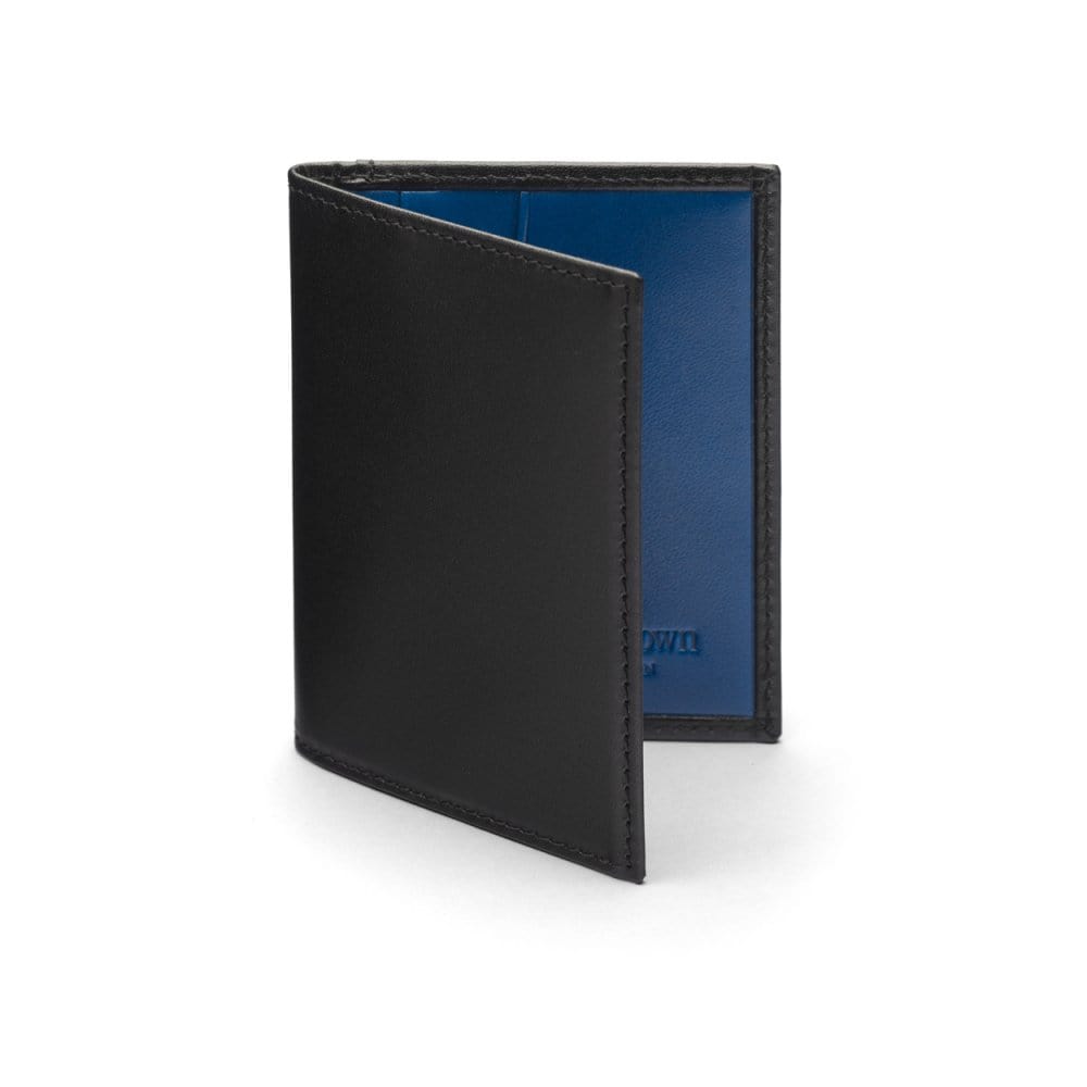 RFID leather credit card holder, black with cobalt, front view