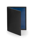 RFID leather credit card holder, black with cobalt, front view