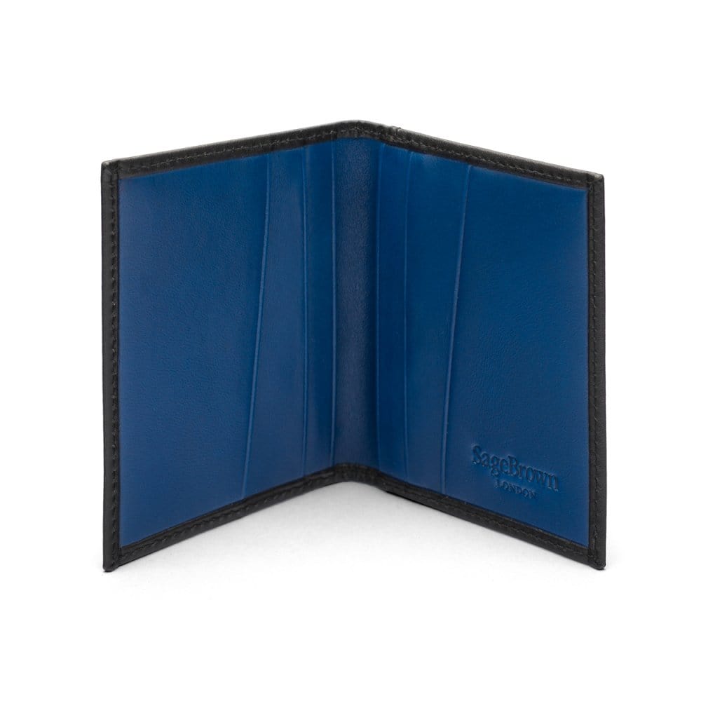 RFID leather credit card holder, black with cobalt, inside view