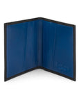 RFID leather credit card holder, black with cobalt, inside view