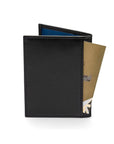 RFID leather credit card holder, black with cobalt, back view
