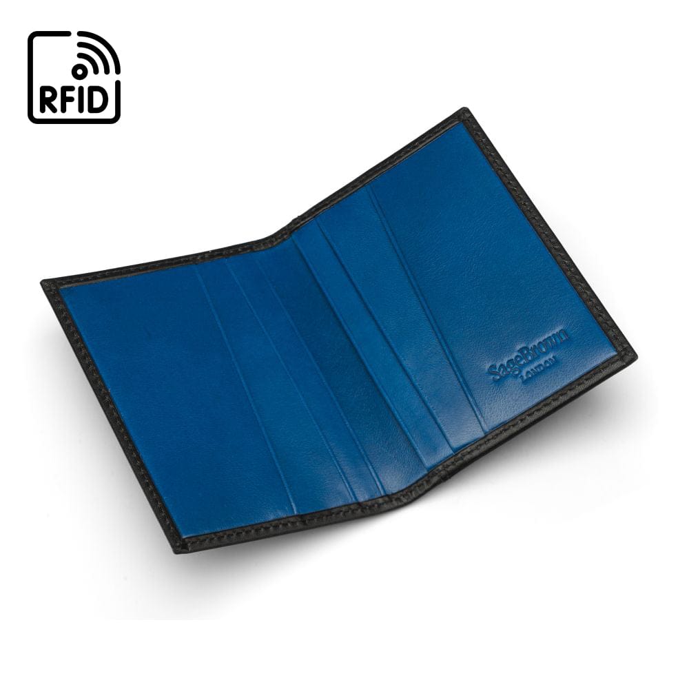 RFID leather credit card holder, black with cobalt, open view
