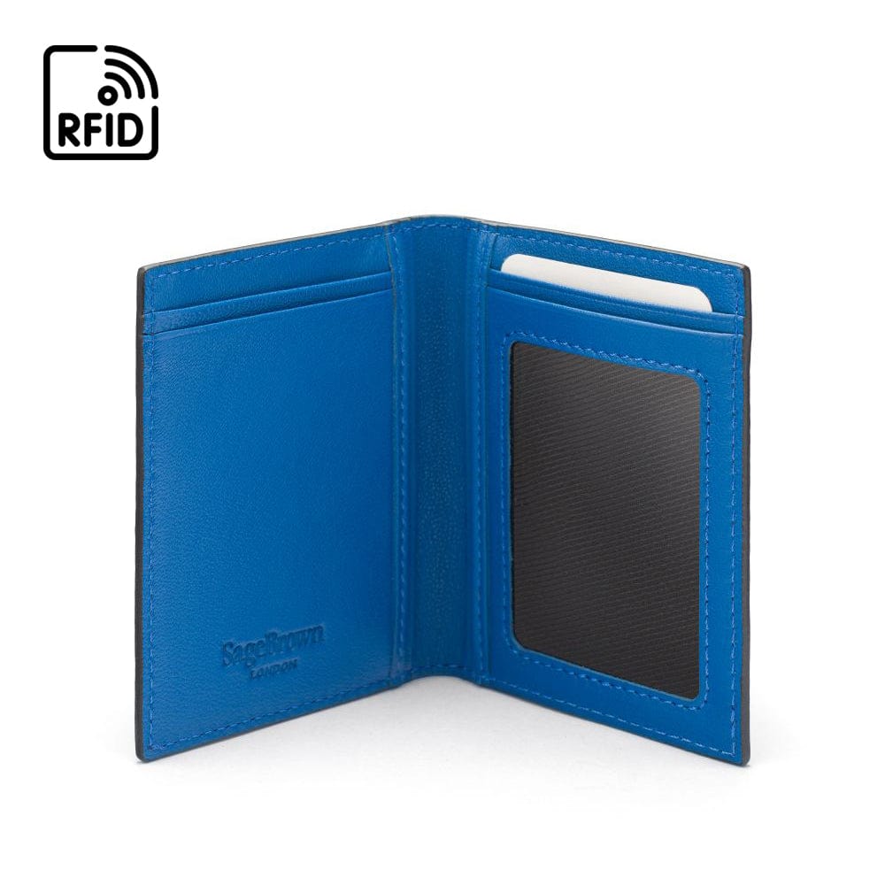 RFID Credit Card Wallet in black with cobalt leather, inside view