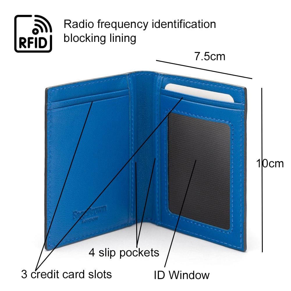 RFID Credit Card Wallet in black with cobalt leather, features