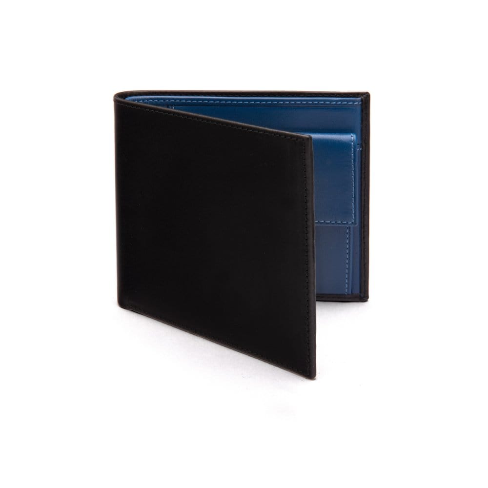 Leather wallet with coin purse, black with cobalt, front
