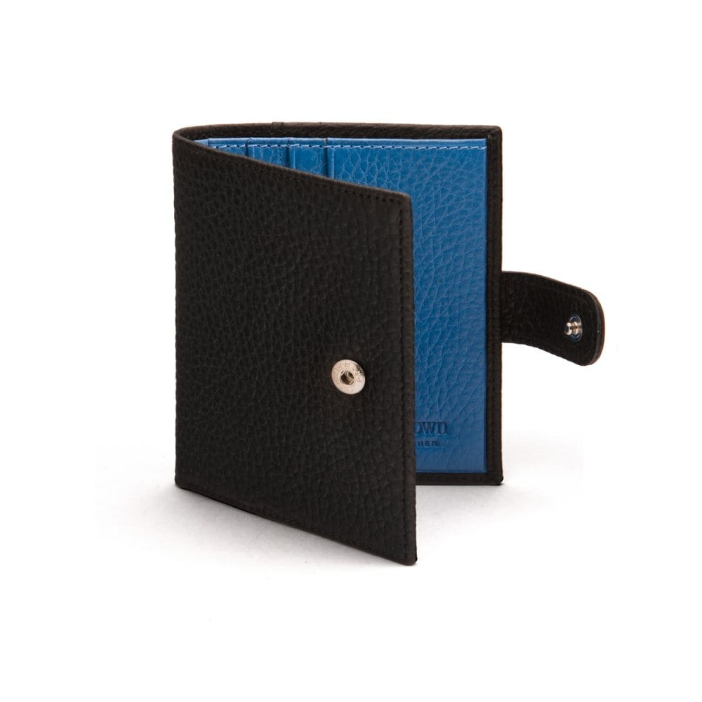 Compact leather billfold wallet with tab, black with cobalt, front