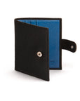 Compact leather billfold wallet with tab, black with cobalt, front