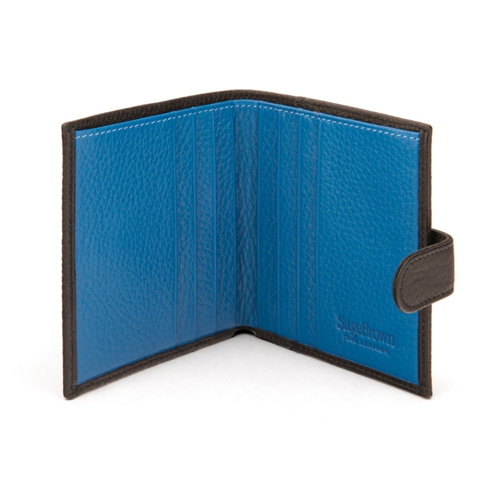 Compact leather billfold wallet with tab, black with cobalt, open
