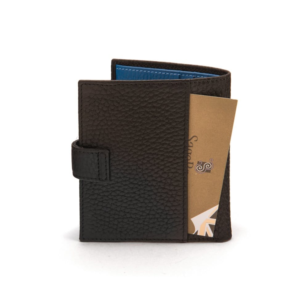 Compact leather billfold wallet with tab, black with cobalt, back