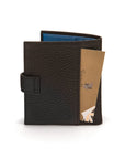 Compact leather billfold wallet with tab, black with cobalt, back