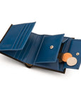 Leather wallet with coin purse, black with cobalt, open