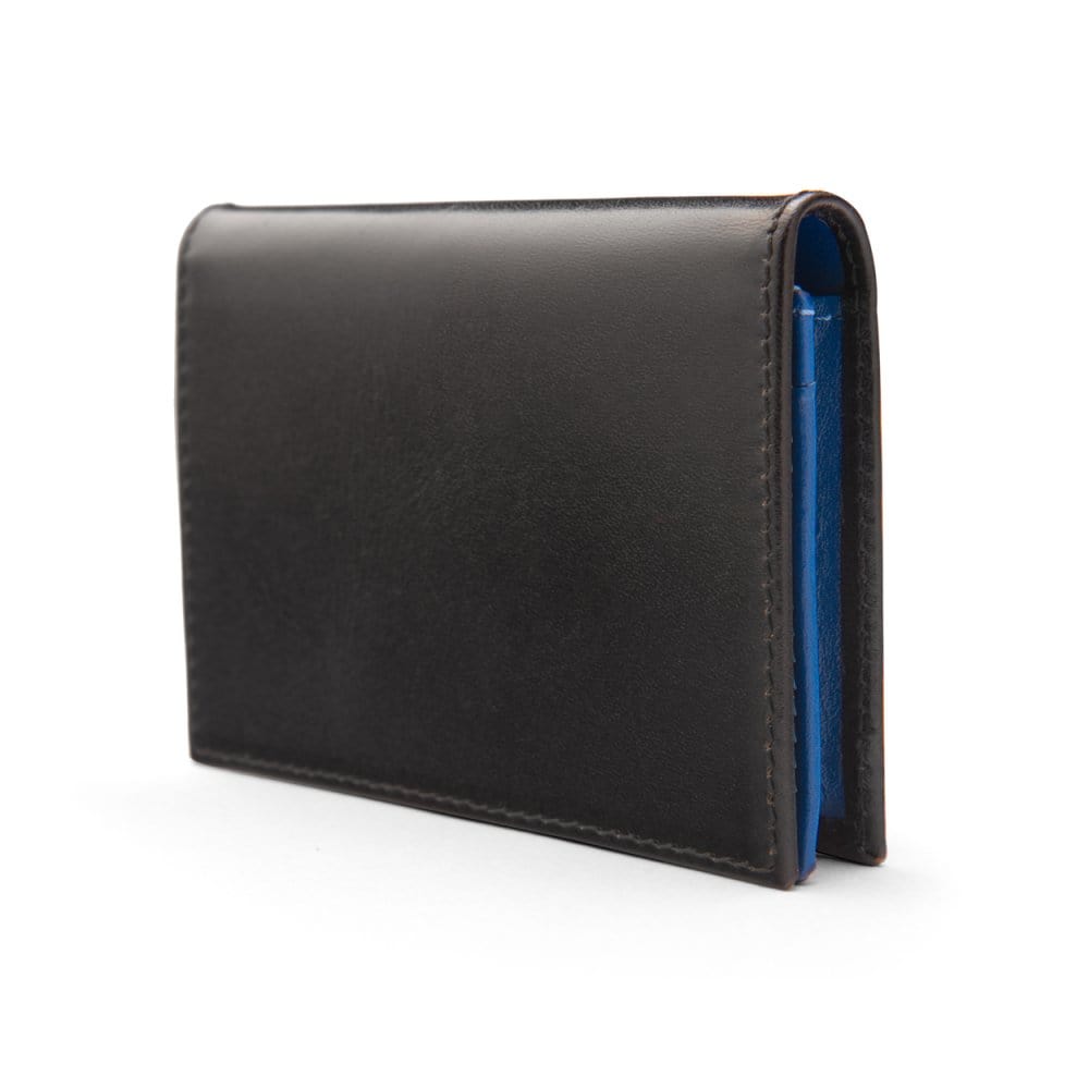 Expandable leather business card case, black with cobalt, side