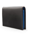 Expandable leather business card case, black with cobalt, side