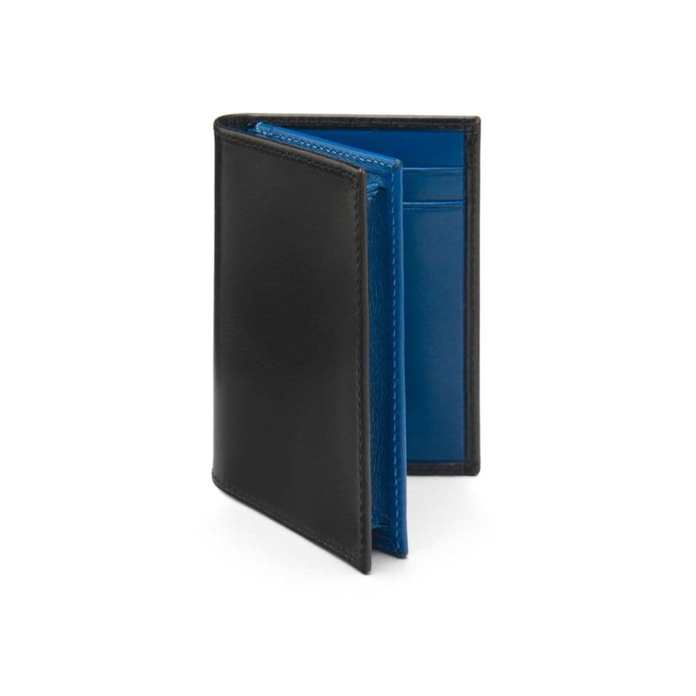 Expandable leather business card case, black with cobalt, front