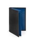 Expandable leather business card case, black with cobalt, front