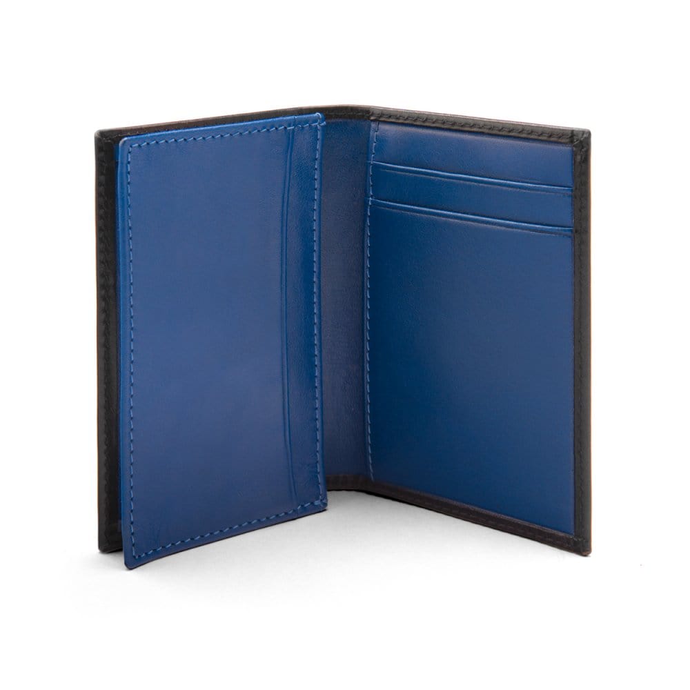 Expandable leather business card case, black with cobalt, open