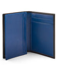 Expandable leather business card case, black with cobalt, open