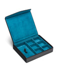 Large leather accessory box, black with cobalt, open