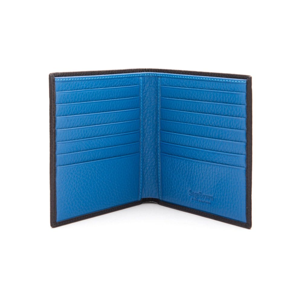 3/4 height leather wallet 14 CC, black with cobalt, open