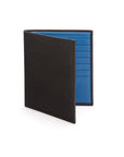 3/4 height leather wallet 14 CC, black with cobalt, front